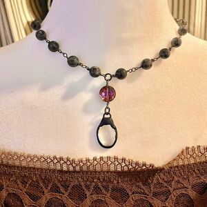 Short Black Marbled Linked Bead Necklace Crystal Amber Drop Choker